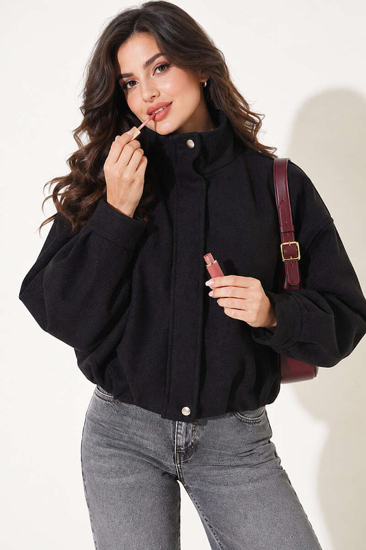 Gizli Fermuarlı Oversize Kaşe Ceket Siyah