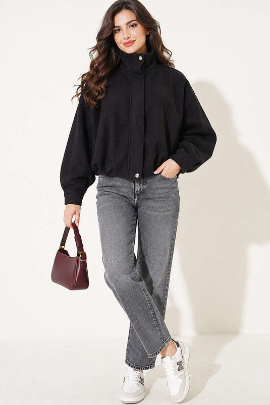 Gizli Fermuarlı Oversize Kaşe Ceket Siyah
