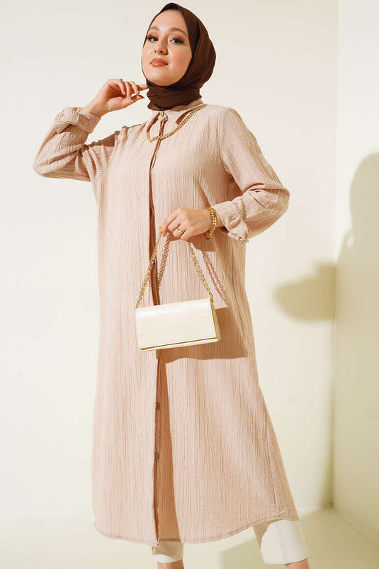 Chemise longue à patte cachée beige