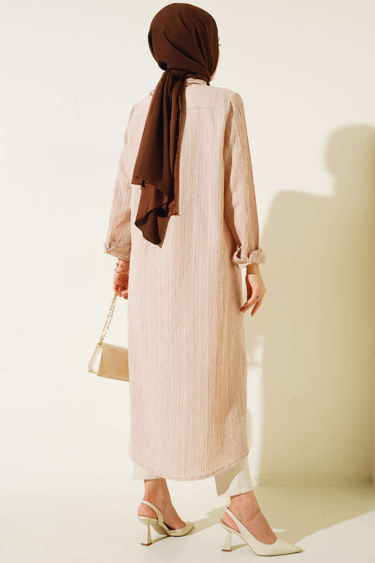 Chemise longue à patte cachée beige