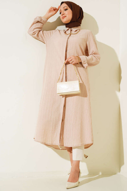 Gizli Pat Uzun Gömlek Bej