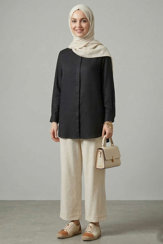 Chemise en tissu modal à boutons cachés noir
