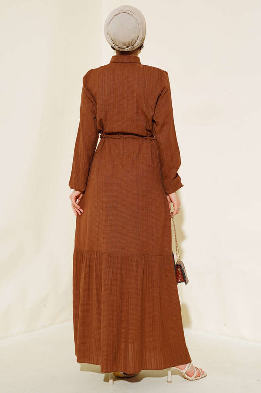 فستان نصف أزرار مخفي بني