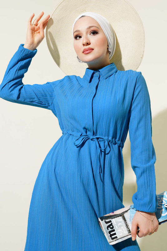 Hidden Half Button Dress Blue