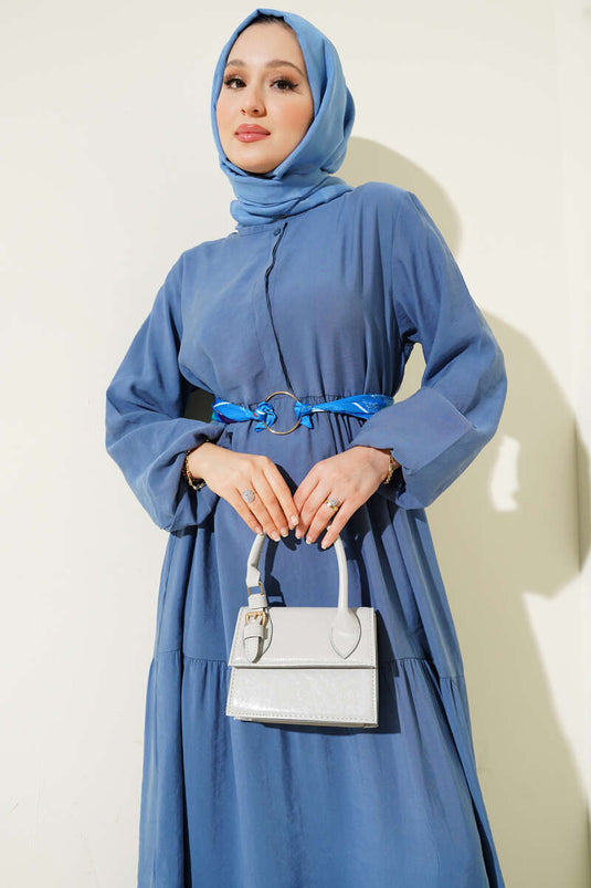 Gizli Yarım Düğmeli Kat Kat Elbise İndigo