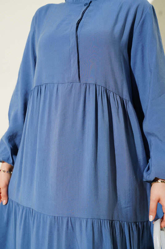 Hidden Half Button Layered Dress Indigo