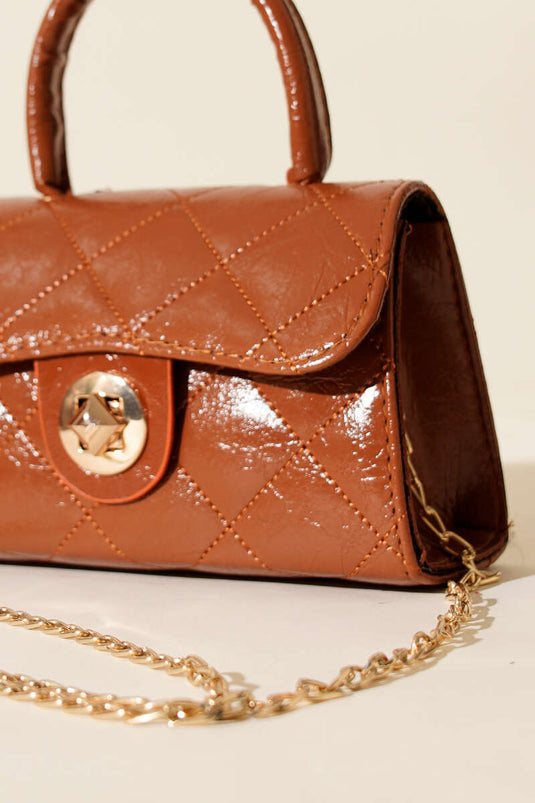 Glänzende Mini-Kettentasche, Hellbraun