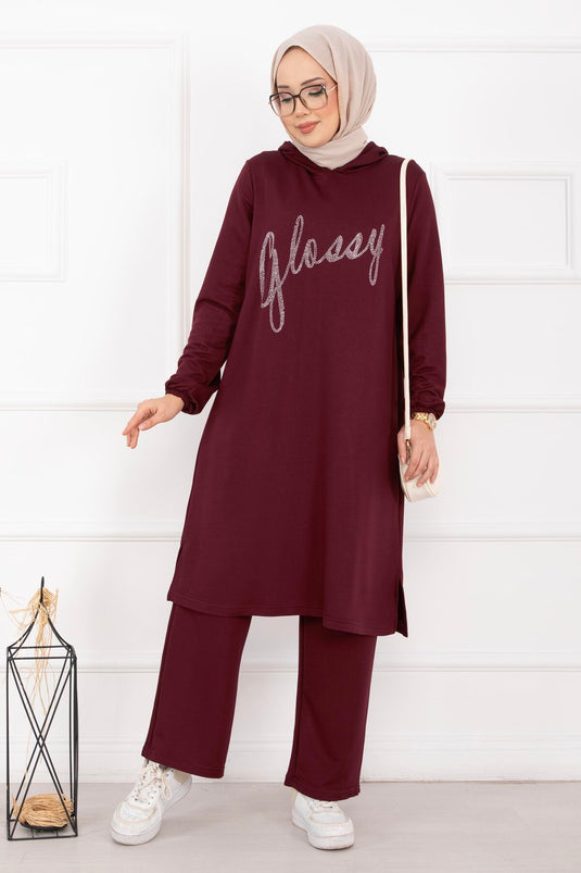 Glossy Taş Detaylı Kapüşonlu Tesettür Takım Bordo