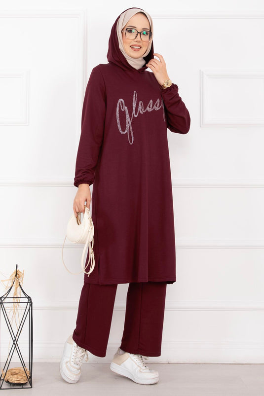 Glossy Taş Detaylı Kapüşonlu Tesettür Takım Bordo