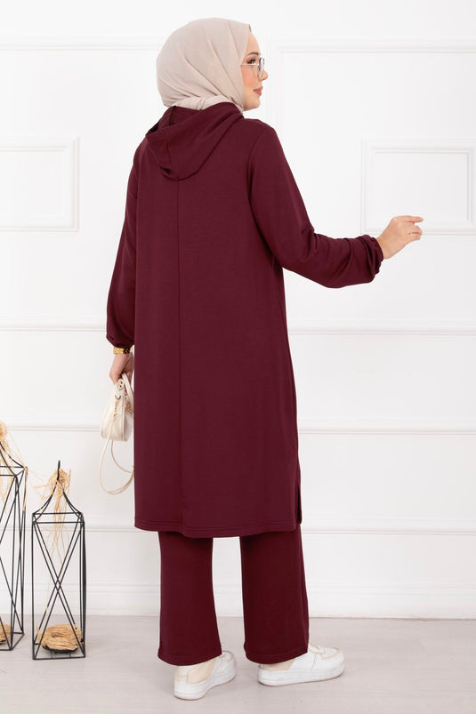 Glossy Taş Detaylı Kapüşonlu Tesettür Takım Bordo