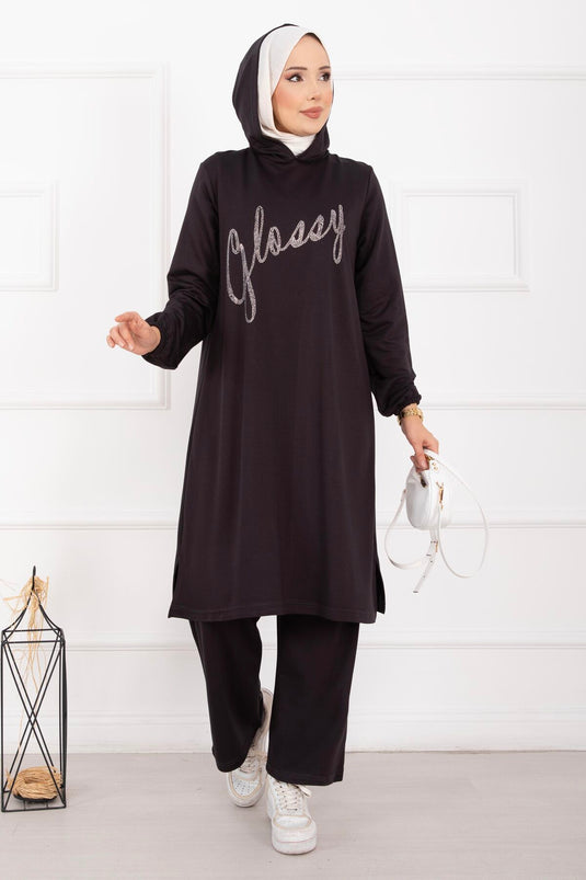 Glossy Taş Detaylı Kapüşonlu Tesettür Takım Füme