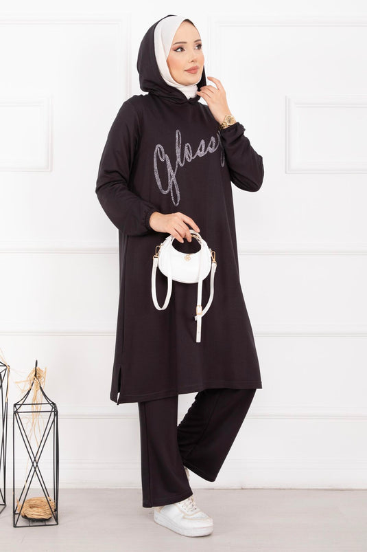 Glossy Taş Detaylı Kapüşonlu Tesettür Takım Füme