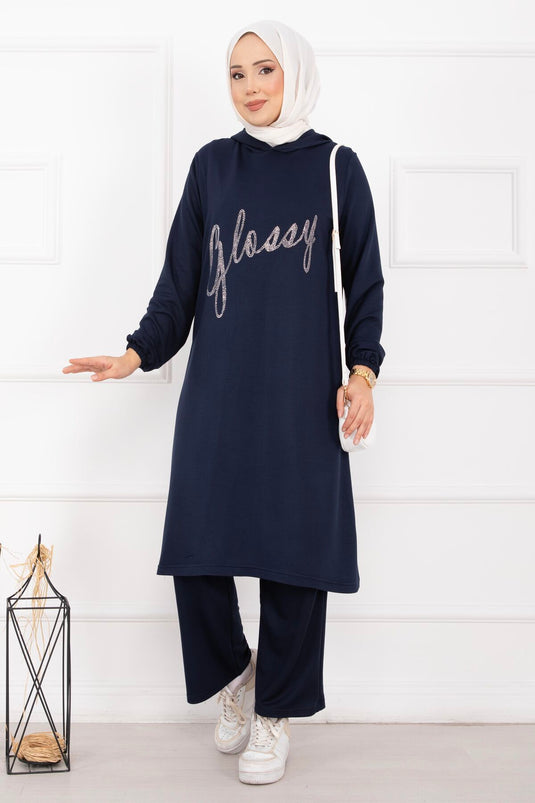 Glossy Taş Detaylı Kapüşonlu Tesettür Takım Lacivert