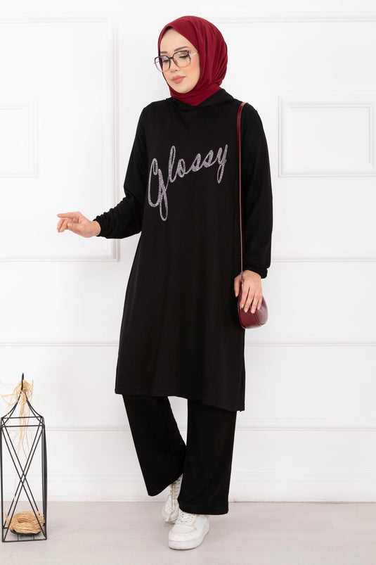Glossy Stone Detailed Hooded Modest Set Black