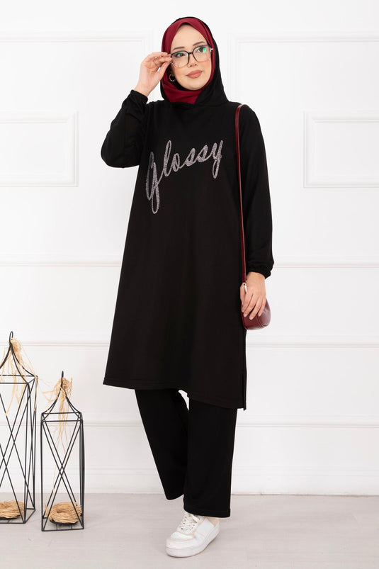 Glossy Stone Detailed Hooded Modest Set Black