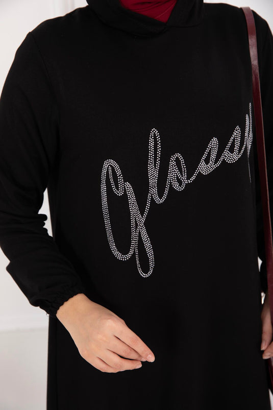 Glossy Stone Detailed Hooded Modest Set Black