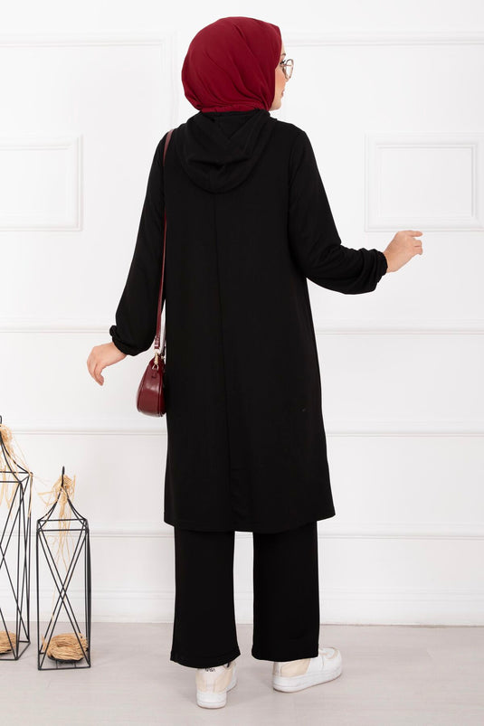 Glossy Stone Detailed Hooded Modest Set Black