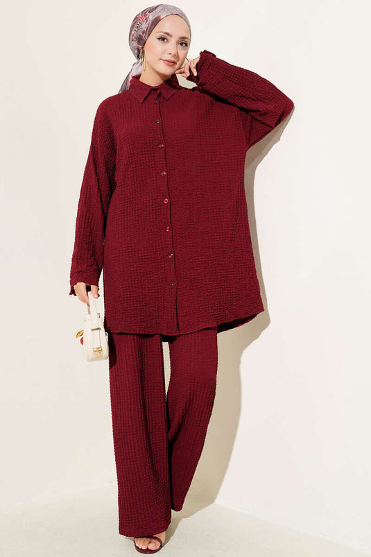 Gofre Desenli İkili Takım Bordo