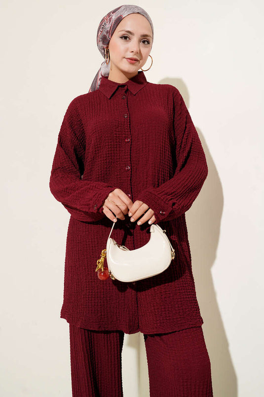 Gofre Desenli İkili Takım Bordo