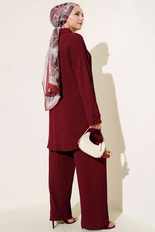 Gofre Desenli İkili Takım Bordo