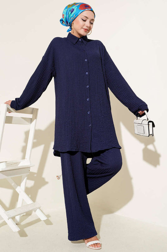 Gofre Desenli İkili Takım Lacivert