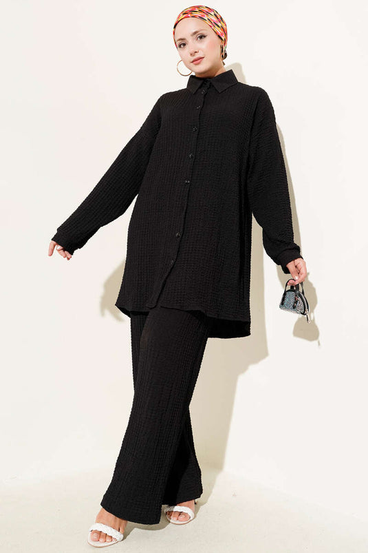 Gofre Desenli İkili Takım Siyah