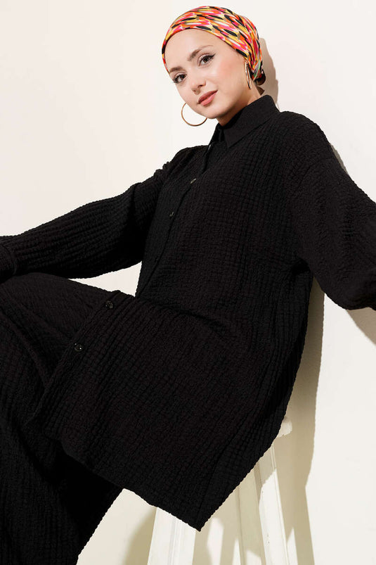 Gofre Desenli İkili Takım Siyah