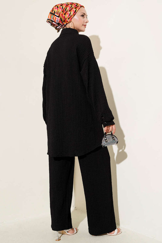 Gofre Desenli İkili Takım Siyah