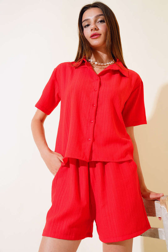 Ensemble short en seersucker rouge