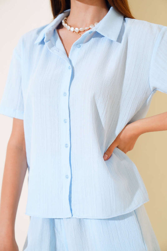 Ensemble short en seersucker bleu