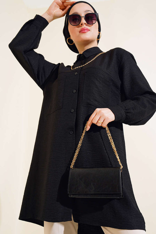 Casual Shirt with Double Chest Pockets in Black