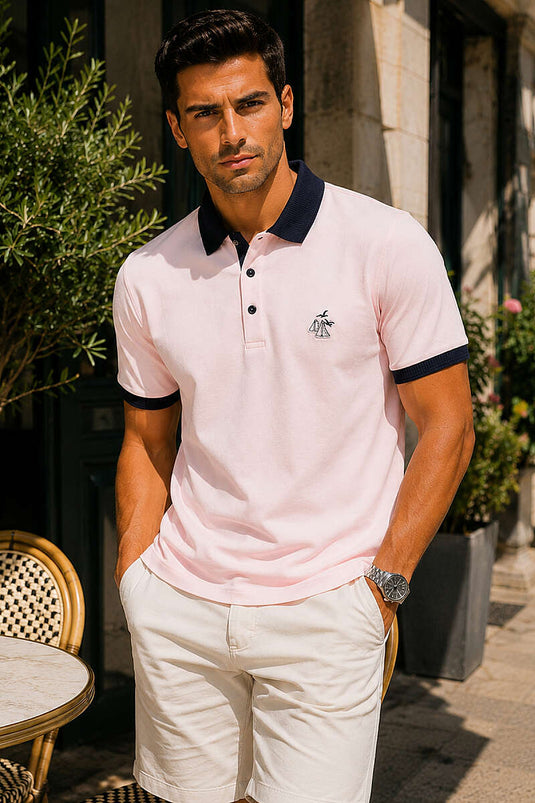 Göğüs Armalı Polo Yaka Erkek T-shirt Pembe