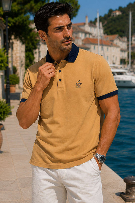 Göğüs Armalı Polo Yaka Erkek T-shirt Taba