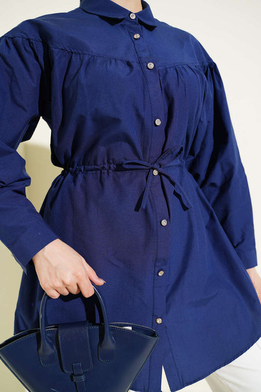 Blouse met borstplooien en tunnelkoord in de taille, marineblauw
