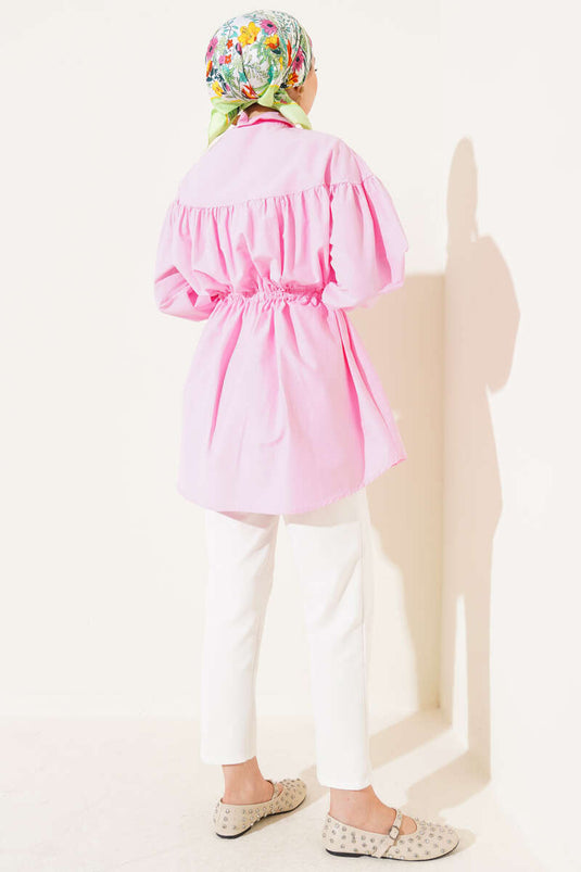 Göğüs Büzgülü Bel Tünelli Gömlek Pembe