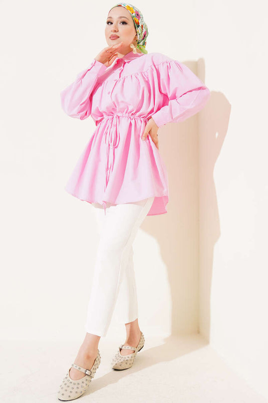 Göğüs Büzgülü Bel Tünelli Gömlek Pembe
