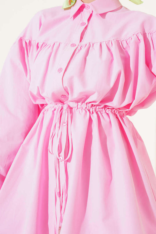 Göğüs Büzgülü Bel Tünelli Gömlek Pembe