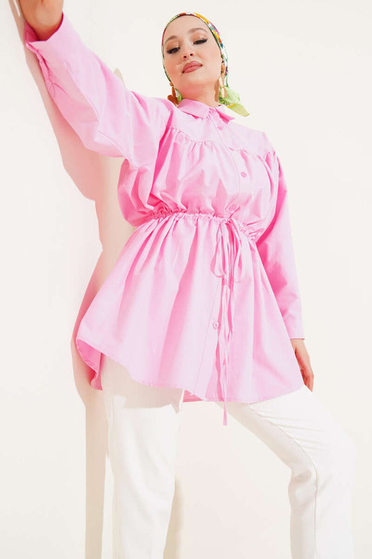 Göğüs Büzgülü Bel Tünelli Gömlek Pembe