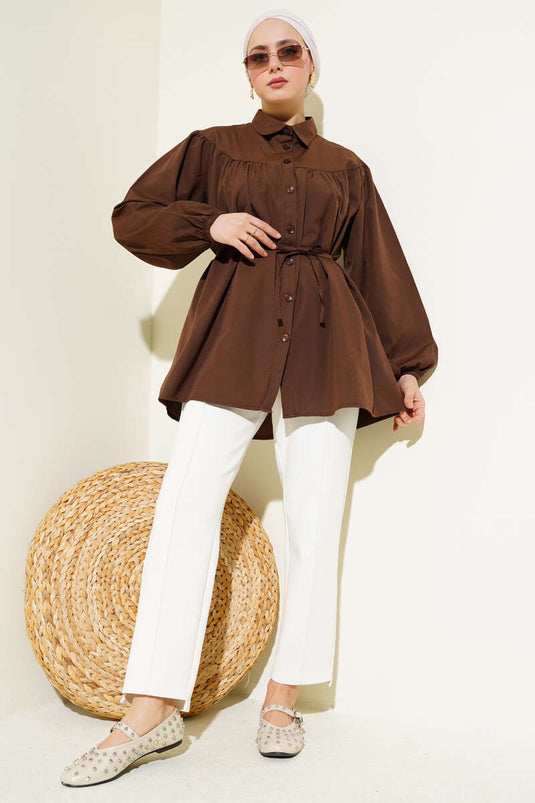 Chest Pleated Shirt Brown
