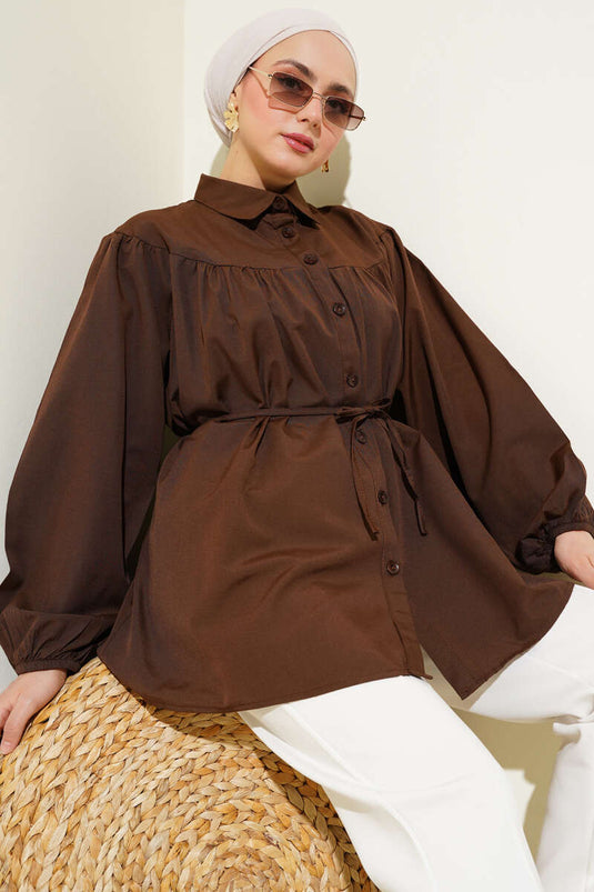 Chest Pleated Shirt Brown