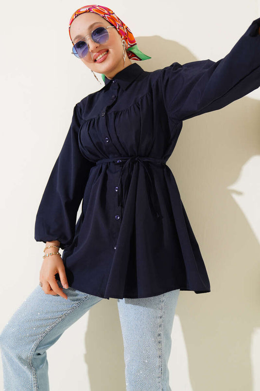 Chest Pleated Shirt Navy Blue
