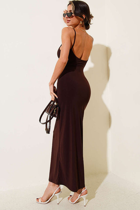 Chest Ruched String Strap Midi Dress Brown