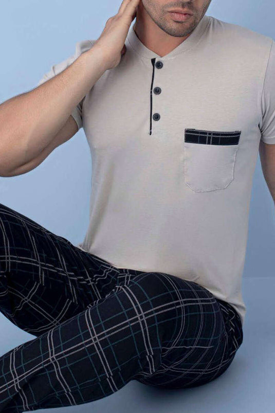 Göğüs Cep Detaylı Kısa Kol Erkek Pijama Bej