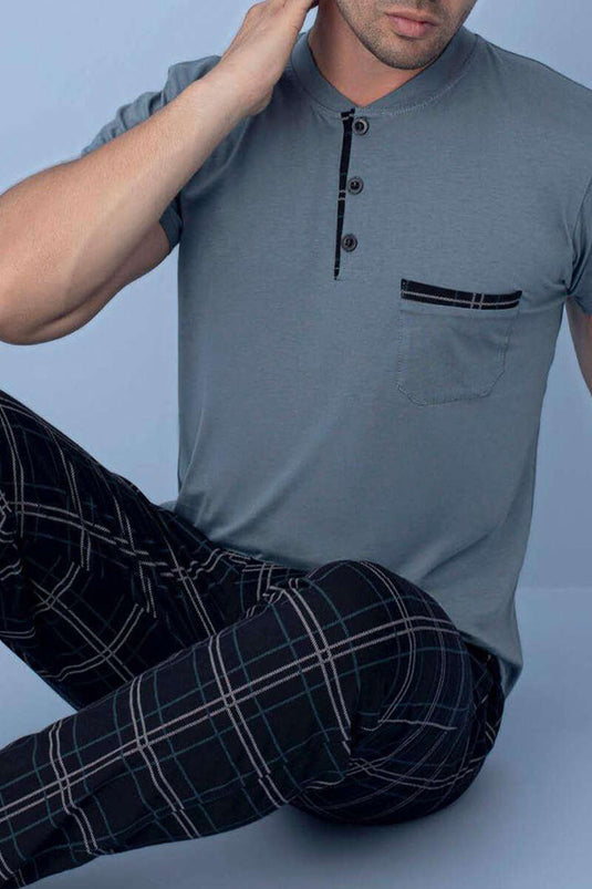 Göğüs Cep Detaylı Kısa Kol Erkek Pijama Koyu Gri