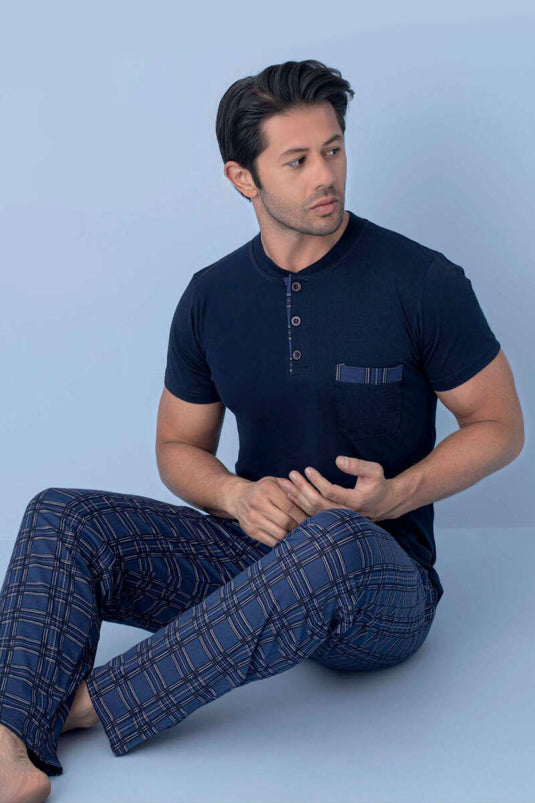 Göğüs Cep Detaylı Kısa Kol Erkek Pijama Lacivert