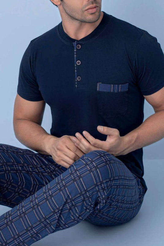 Göğüs Cep Detaylı Kısa Kol Erkek Pijama Lacivert