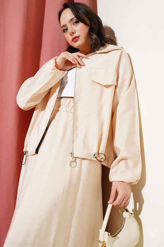 Two Piece Suit with Chest Pocket and Skirt, Beige