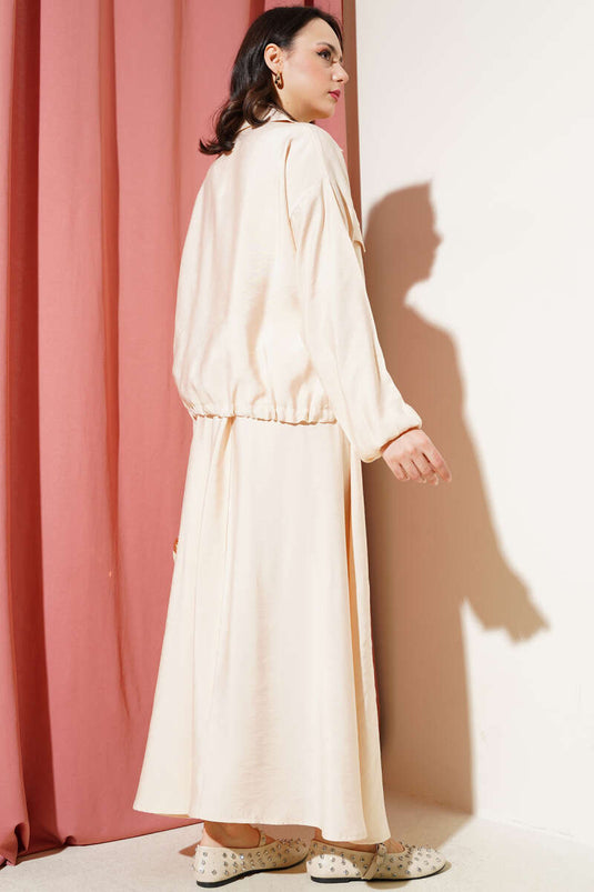 Two Piece Suit with Chest Pocket and Skirt, Beige