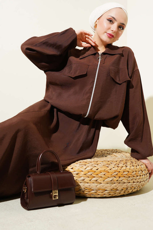 Chest Pocket Flap Skirted Two Piece Suit Brown