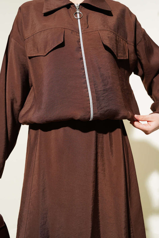 Chest Pocket Flap Skirted Two Piece Suit Brown